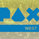 The PAX West logo superimposed over a photo of a crowded convention show floor.